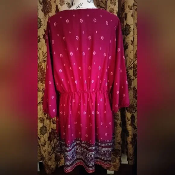 Xhilaration Magenta Long Sleeved Tunic Dress w/Tie Neck Elastic Waist… - Picture 3 of 6